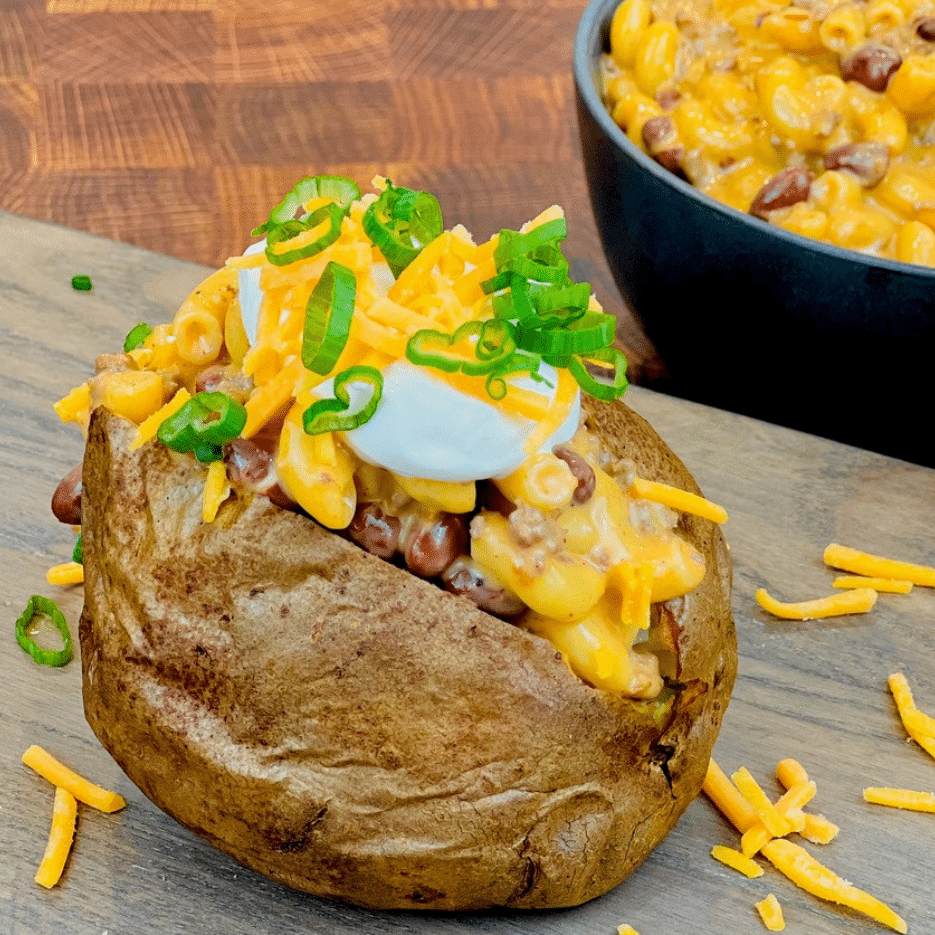 Chili Mac Stuffed Baked Potato Michigan Potatoes